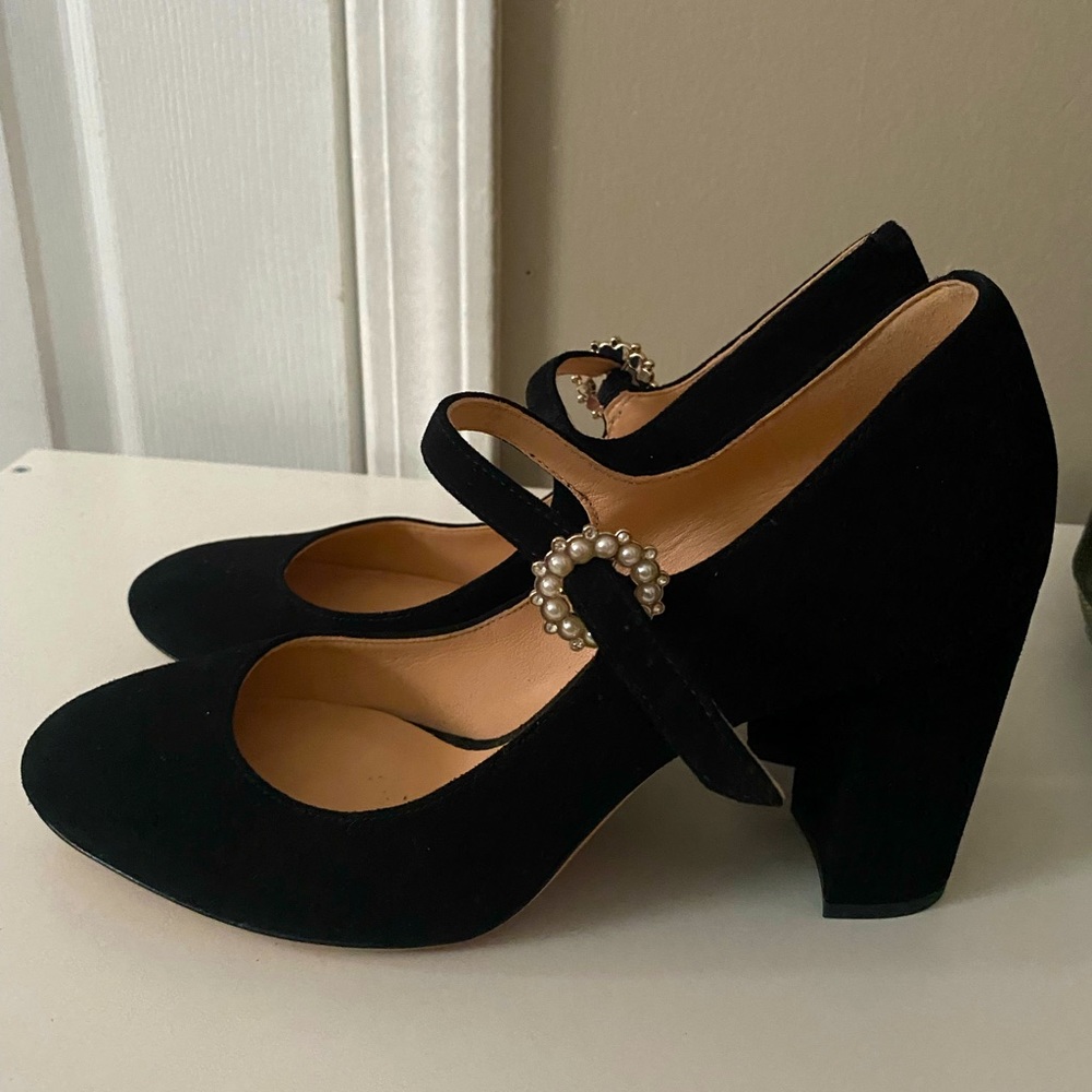 Black Suede Kate Spade Pumps with Pearl Buckle Straps in US 7.5
